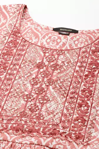 women's ankle length scoop neck mauve ethnic motifs anarkali kurta