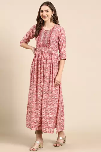 women's ankle length scoop neck mauve ethnic motifs anarkali kurta