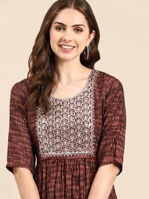 women's calf length scoop neck rust embellished anarkali kurta 1