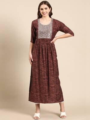 women's calf length scoop neck rust embellished anarkali kurta 2
