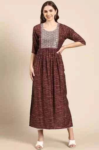 women's calf length scoop neck rust embellished anarkali kurta