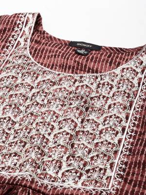 women's calf length scoop neck rust embellished anarkali kurta 3