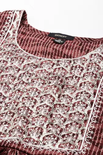 women's calf length scoop neck rust embellished anarkali kurta