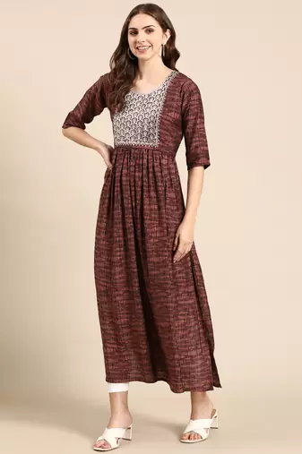 women's calf length scoop neck rust embellished anarkali kurta