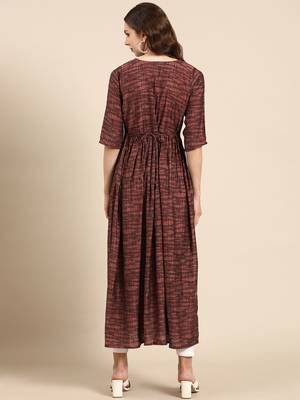 women's calf length scoop neck rust embellished anarkali kurta 5