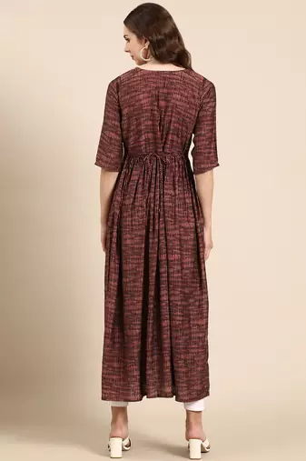 women's calf length scoop neck rust embellished anarkali kurta