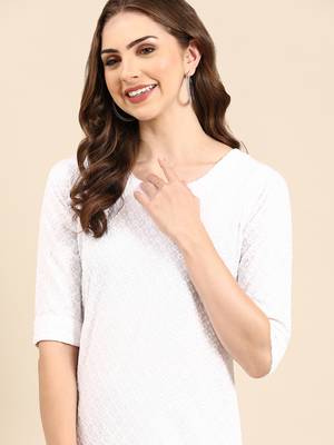 women's calf length round neck white woven design straight kurta 1