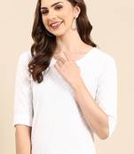 women's calf length round neck white woven design straight kurta