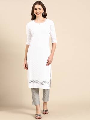 women's calf length round neck white woven design straight kurta 2