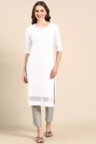 women's calf length round neck white woven design straight kurta