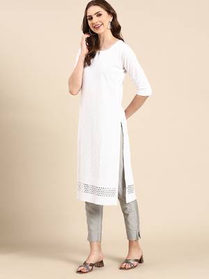 women's calf length round neck white woven design straight kurta 5