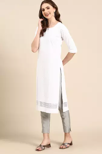 women's calf length round neck white woven design straight kurta