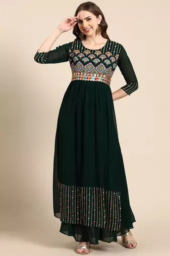 women's ankle length scoop neck green embellished anarkali kurta