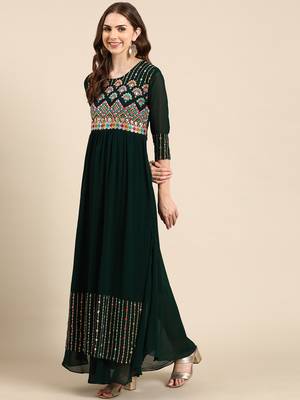 women's ankle length scoop neck green embellished anarkali kurta 5