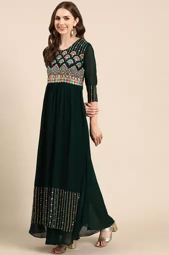 women's ankle length scoop neck green embellished anarkali kurta