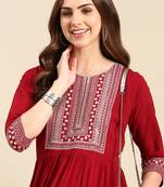 women's ankle length round neck maroon embellished anarkali kurta