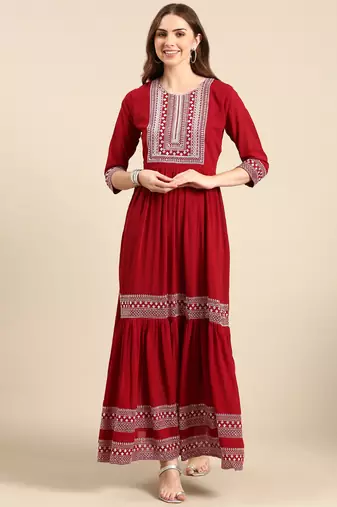 women's ankle length round neck maroon embellished anarkali kurta