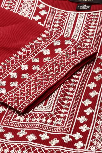 women's ankle length round neck maroon embellished anarkali kurta