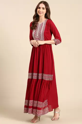 women's ankle length round neck maroon embellished anarkali kurta