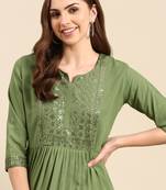 women's ankle length round neck green embellished anarkali kurta