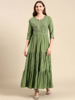 women's ankle length round neck green embellished anarkali kurta 2