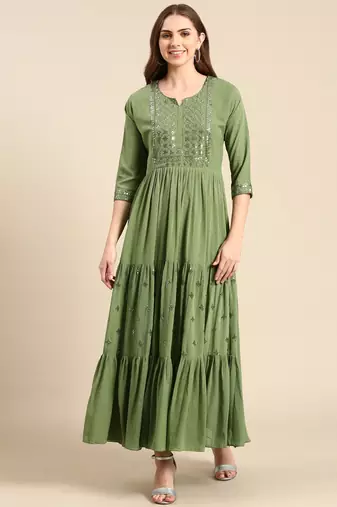 women's ankle length round neck green embellished anarkali kurta