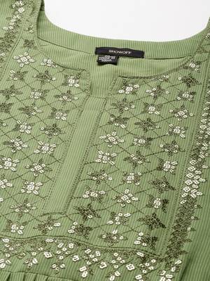women's ankle length round neck green embellished anarkali kurta 3