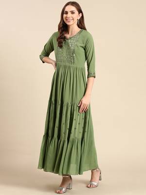 women's ankle length round neck green embellished anarkali kurta 5