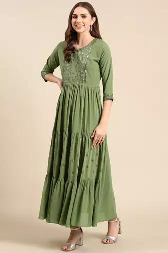 women's ankle length round neck green embellished anarkali kurta