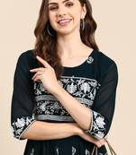 women's ankle length round neck teal woven design anarkali kurta