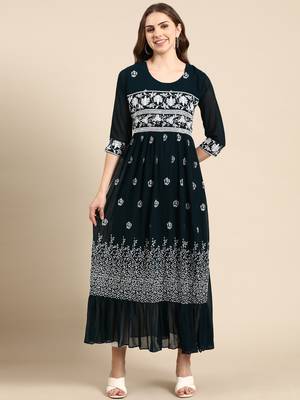women's ankle length round neck teal woven design anarkali kurta 2