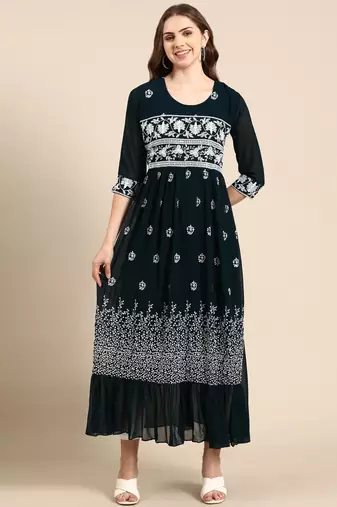 women's ankle length round neck teal woven design anarkali kurta