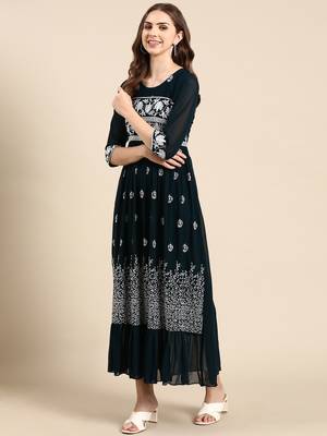 women's ankle length round neck teal woven design anarkali kurta 5