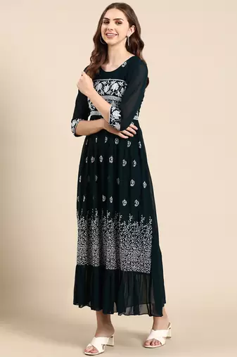 women's ankle length round neck teal woven design anarkali kurta