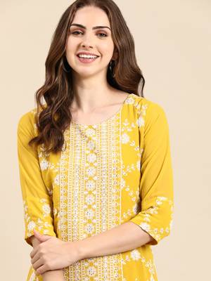 women's ankle length round neck yellow embellished anarkali kurta 1