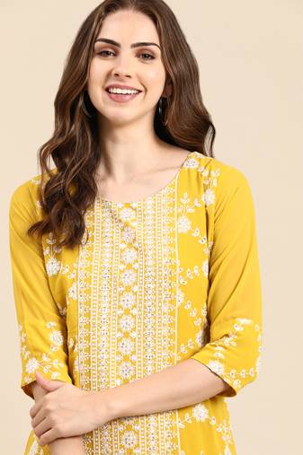 women's ankle length round neck yellow embellished anarkali kurta