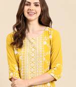 women's ankle length round neck yellow embellished anarkali kurta