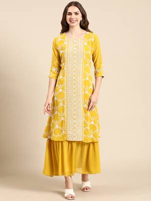women's ankle length round neck yellow embellished anarkali kurta 2
