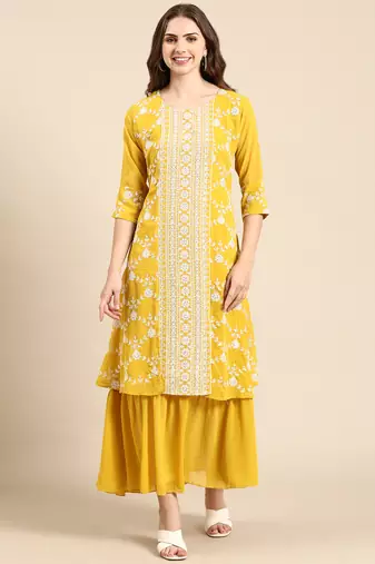 women's ankle length round neck yellow embellished anarkali kurta