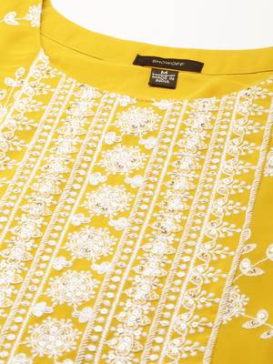 women's ankle length round neck yellow embellished anarkali kurta 3