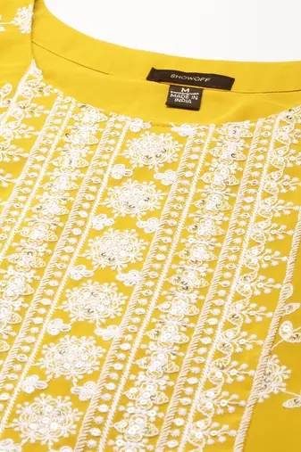 women's ankle length round neck yellow embellished anarkali kurta