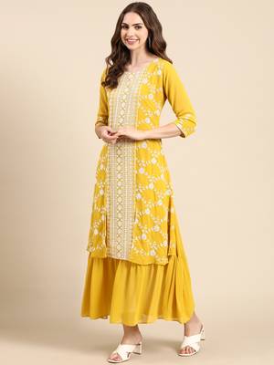 women's ankle length round neck yellow embellished anarkali kurta 5
