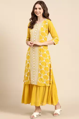 women's ankle length round neck yellow embellished anarkali kurta