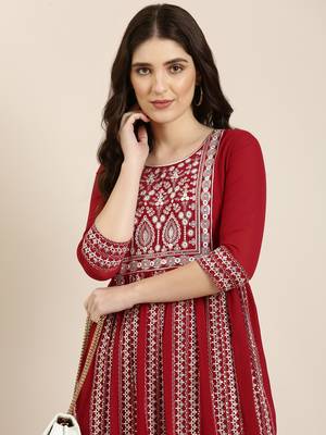 women's ankle length round neck maroon embellished anarkali kurta 1
