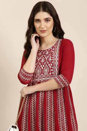 women's ankle length round neck maroon embellished anarkali kurta