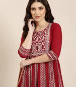 women's ankle length round neck maroon embellished anarkali kurta