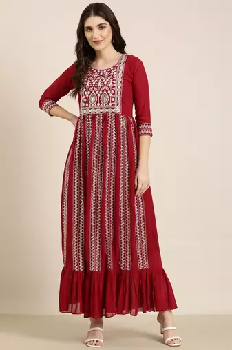women's ankle length round neck maroon embellished anarkali kurta
