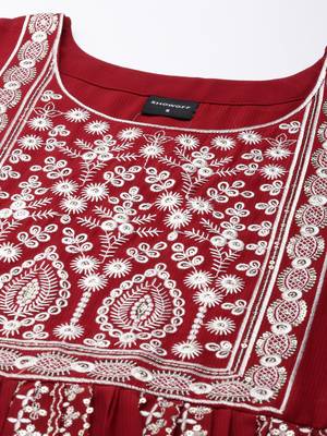 women's ankle length round neck maroon embellished anarkali kurta 3