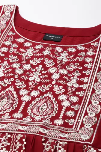 women's ankle length round neck maroon embellished anarkali kurta