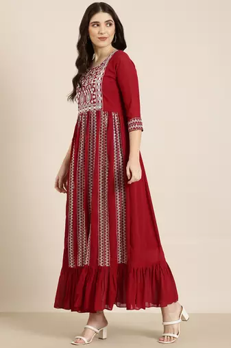 women's ankle length round neck maroon embellished anarkali kurta